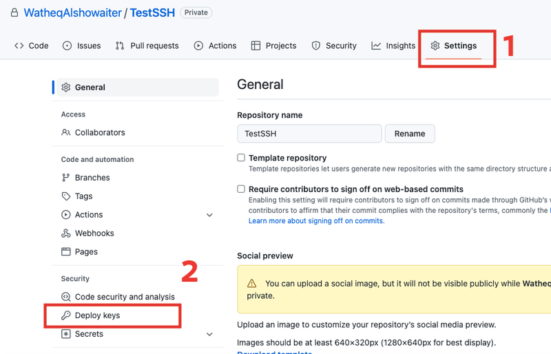 فتح إعدادات جت هب للوصول إلى Deploy Keys فتح إعدادات جت هب للوصول إلى Deploy Keys